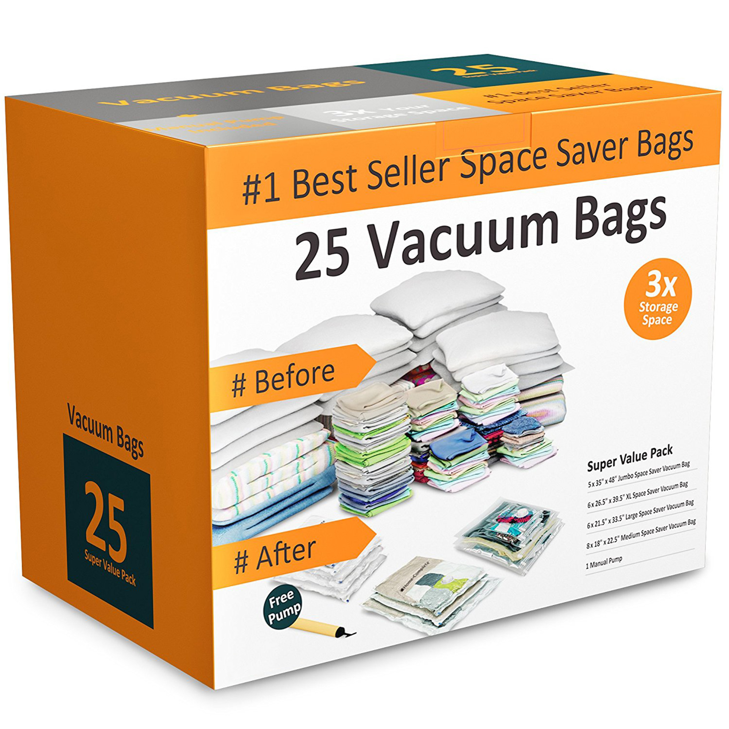 Pack of 25 Vacuum Storage Bags Air Tight Seal Closet Space Saving Organize