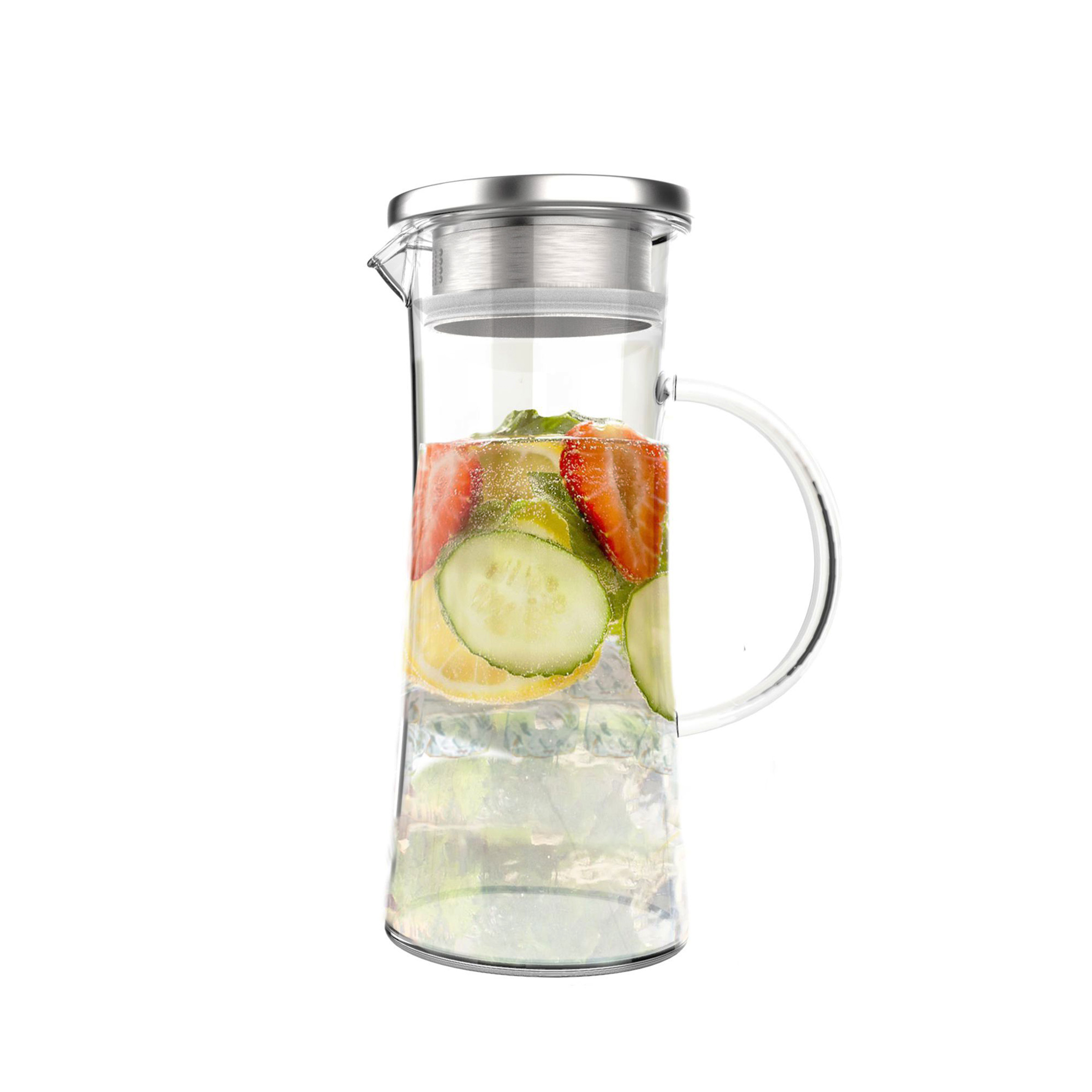 Glass Pitcher-50oz. Carafe with Stainless Steel Filter Lid- Heat Resistant to 300F