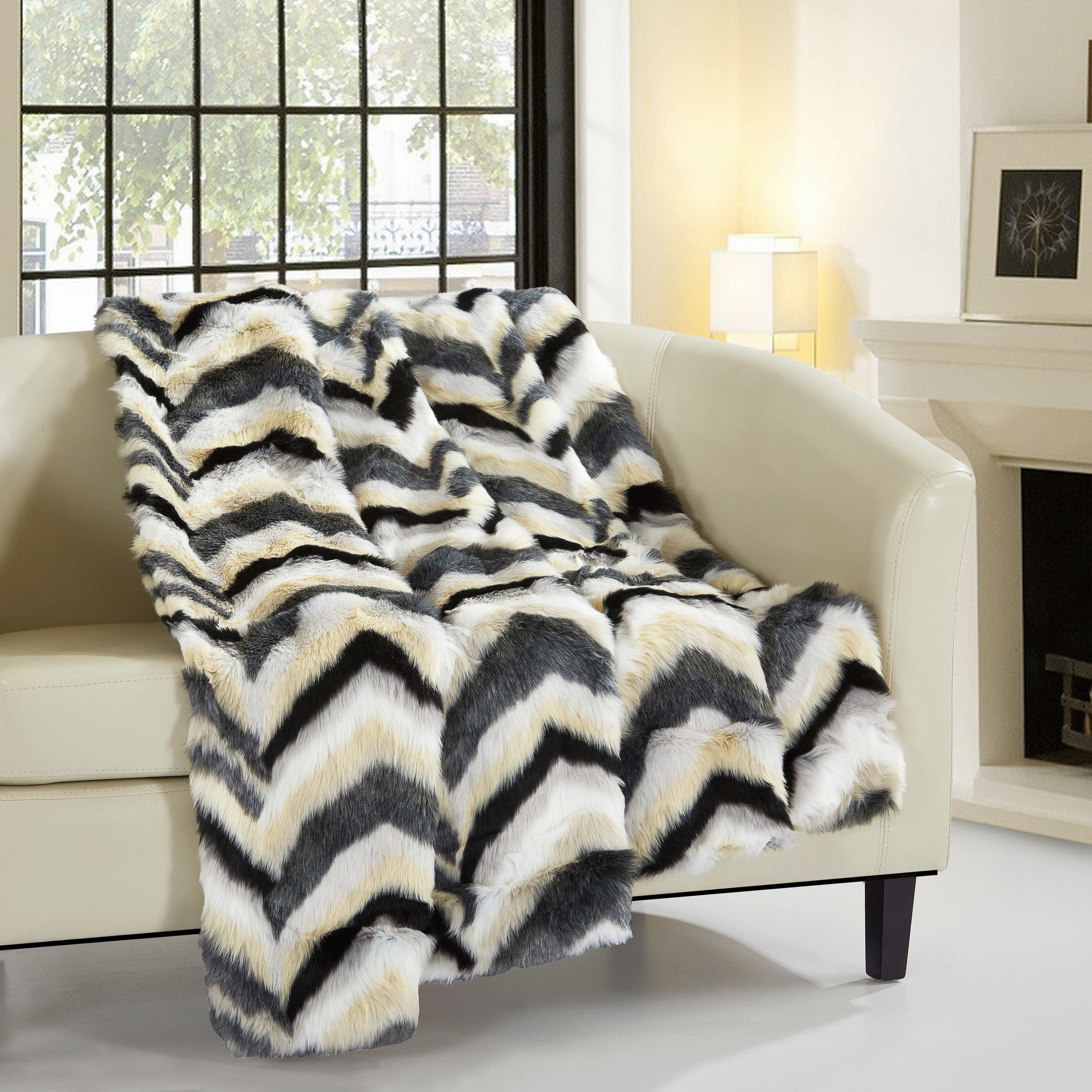Janina Throw Blanket Ultra Plush Micromink Backing Decorative Striped Chevron Design - Black