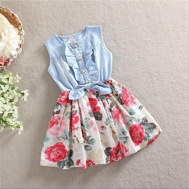 Kids Cute Princess Jean Denim Floral Dress