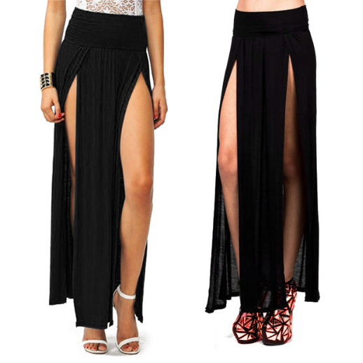 Women Cotton Blend Sexy Trends Double Slits Open Rayon Knit Long Maxi Skirt - Black