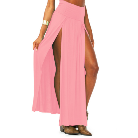 Women Cotton Blend Sexy Trends Double Slits Open Rayon Knit Long Maxi Skirt - Pink