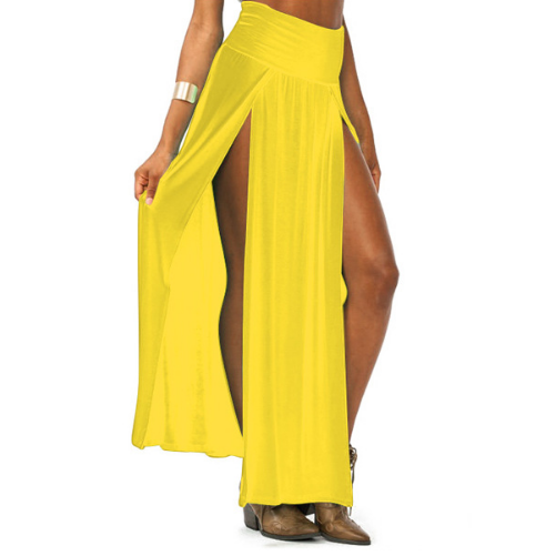 Women Cotton Blend Sexy Trends Double Slits Open Rayon Knit Long Maxi Skirt - Yellow