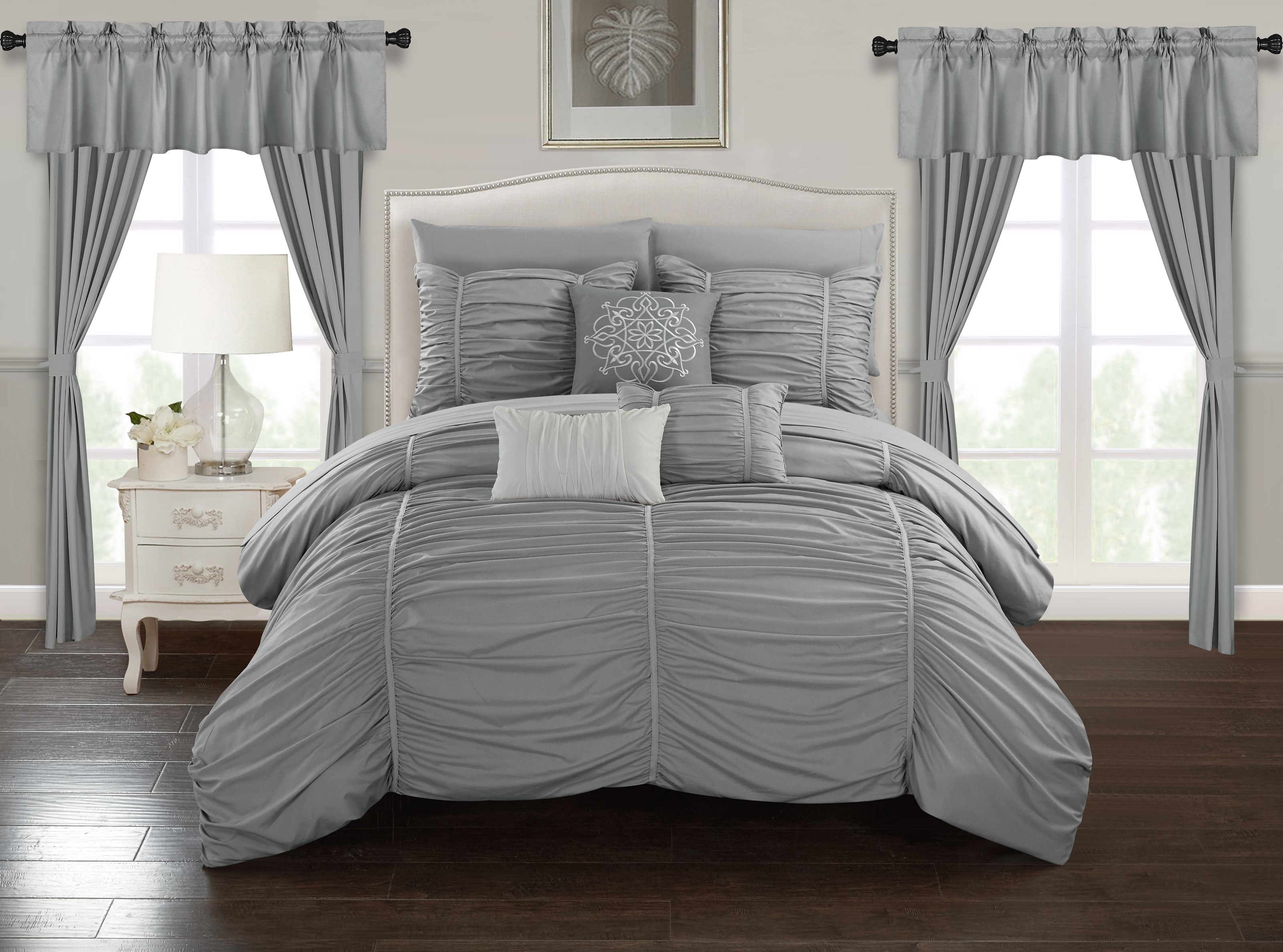 Gruyeres 20 Piece Comforter Set Ruffled Ruched Designer Bedding - Grey, King