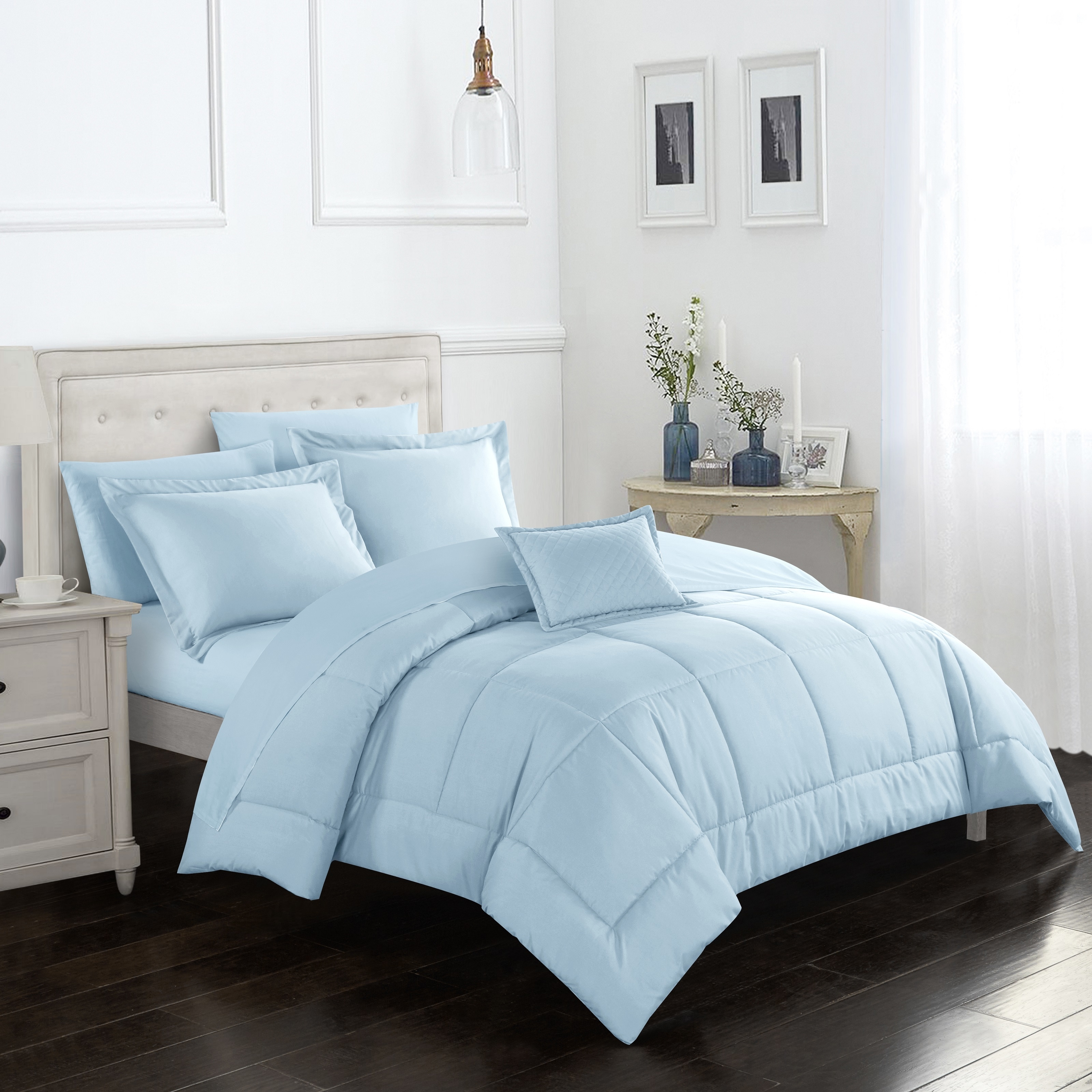 Joshuah 8 Piece Comforter Set Pieced Solid Color Stitched With Sheet Set - Blue, King