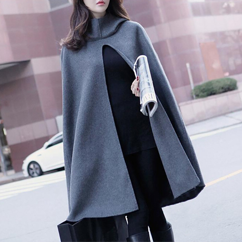 Student woolen cloak coat Female new shawl cloak hooded woolen coat - black, s