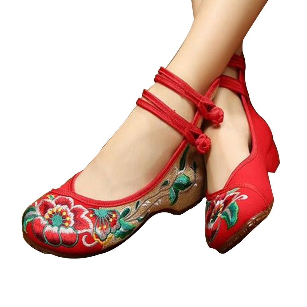 Women Folk Chinese Embroidered Flower Flats Ankle Strap Ballet Pump Shoes Summer