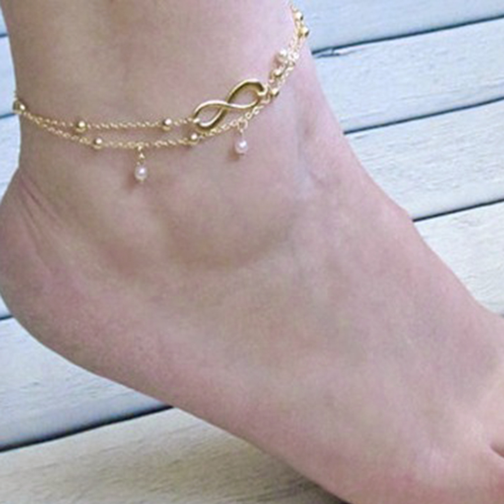 HOOPEN Women Pearl Beads Anklet Bracelets Infinity Barefoot Sandals Jewelry 2Pcs