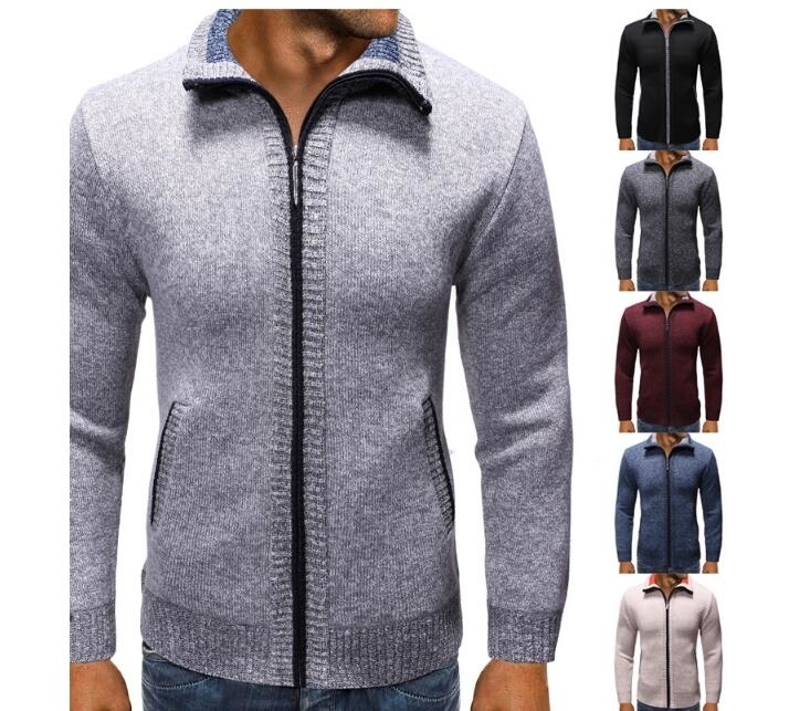 Mens Fleece Sweater Casual Stand Collar Cable Knitted Zip-up Cardigan Sweater Jacket - S01, XS