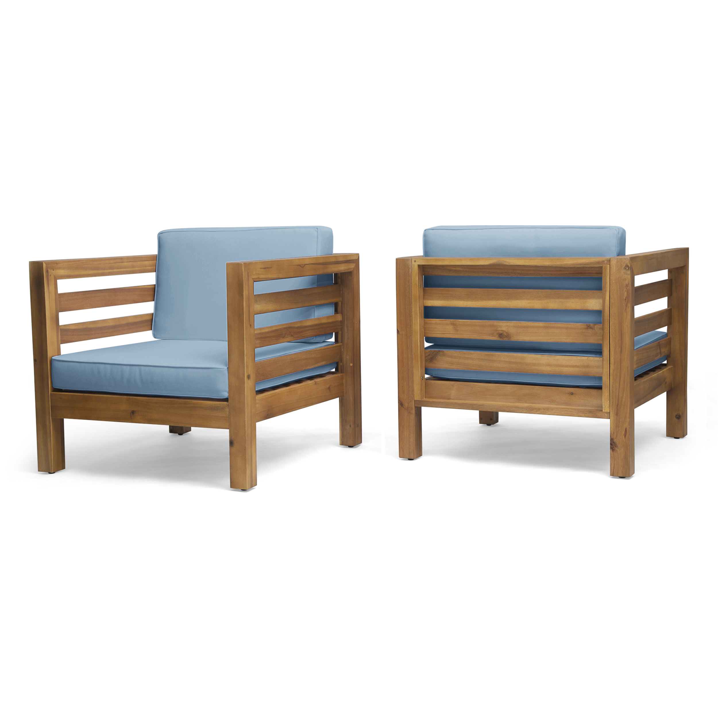 Louise Outdoor Acacia Wood Club Chairs with Cushions (Set of 2) - teak finish + blue
