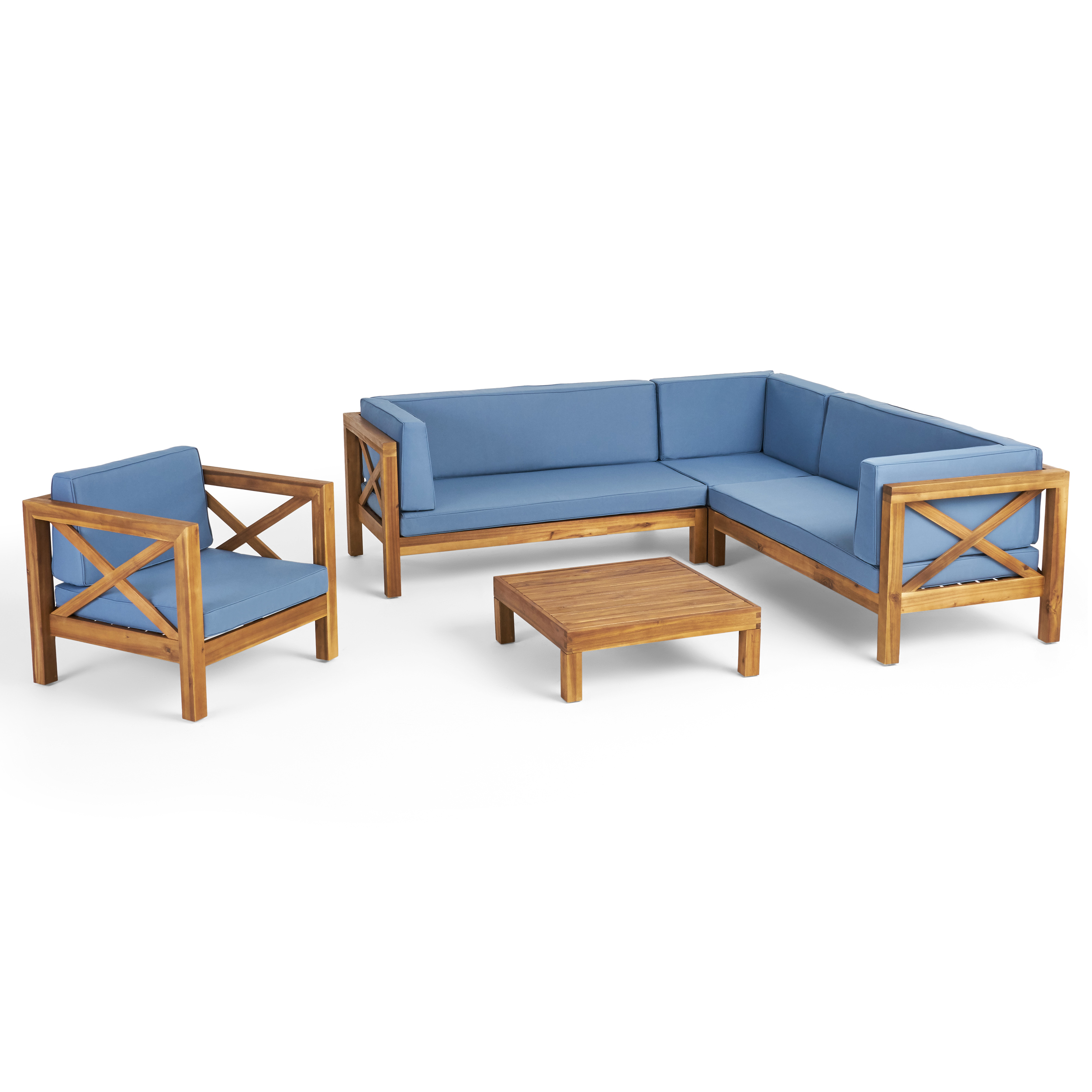 Morgan Outdoor 6 Seater Acacia Wood Sectional Sofa and Club Chair Set - teak finish + blue