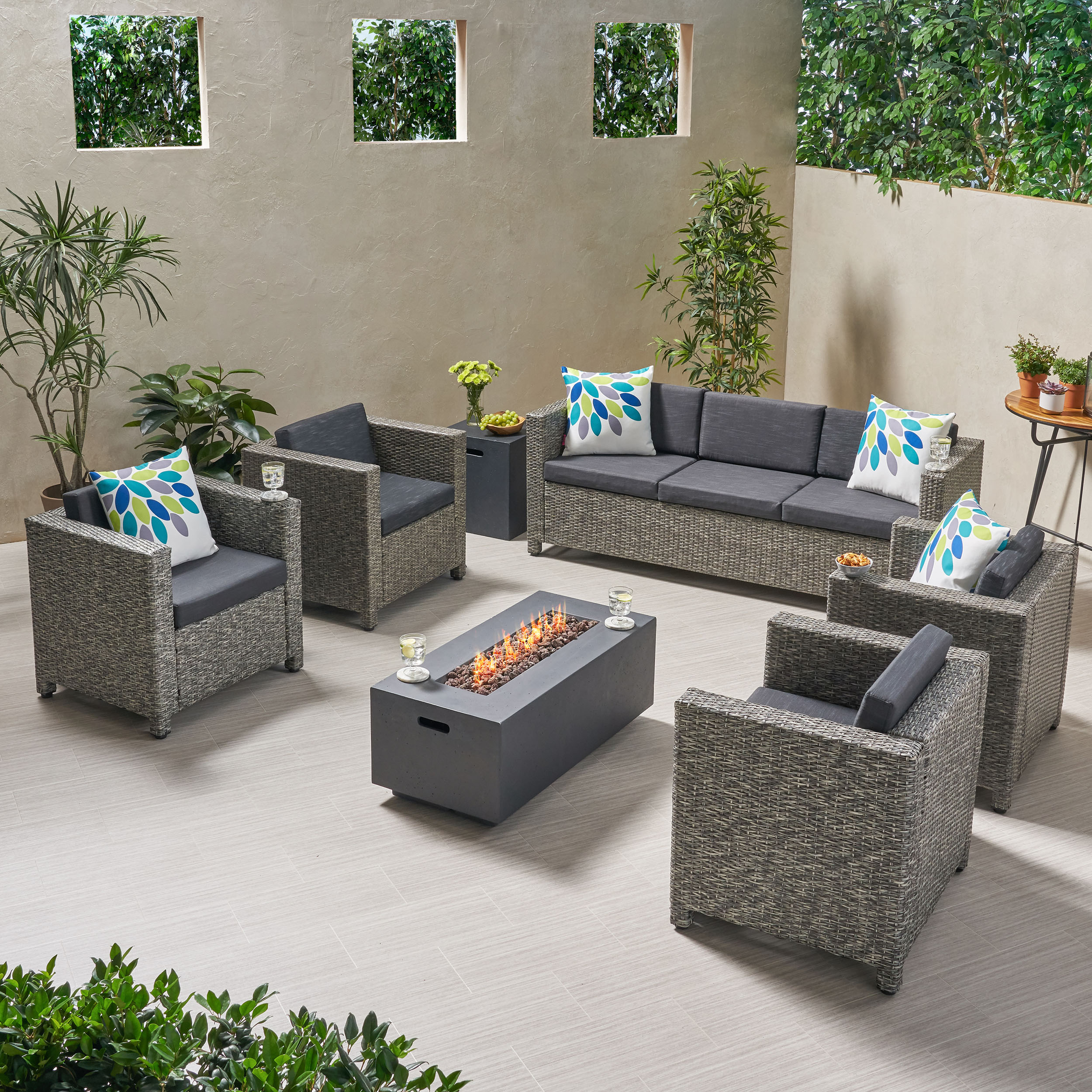 Mignon Outdoor 7 Seater Wicker Chat Set with Fire Pit - mix black + dark gray