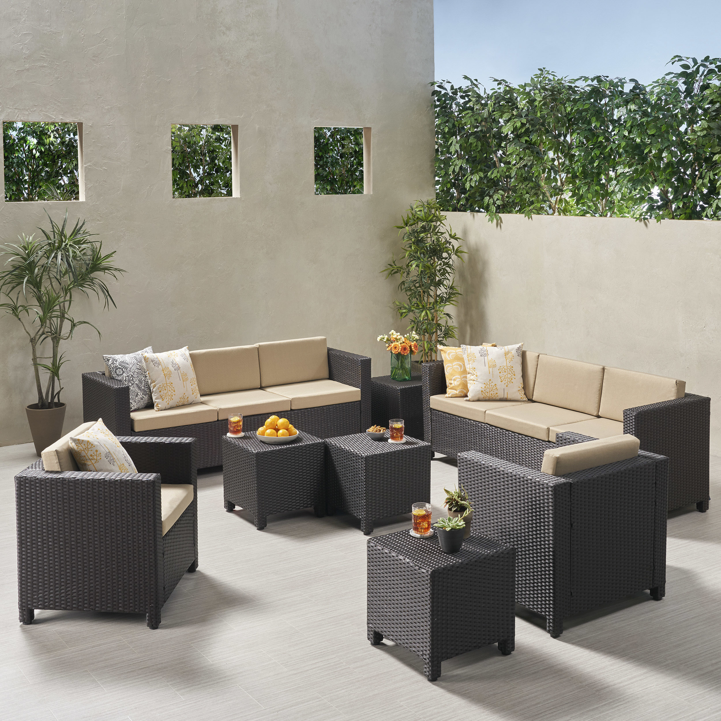 Emily Outdoor 8 Seater Wicker Chat Set with Side Tables - dark brown + beige