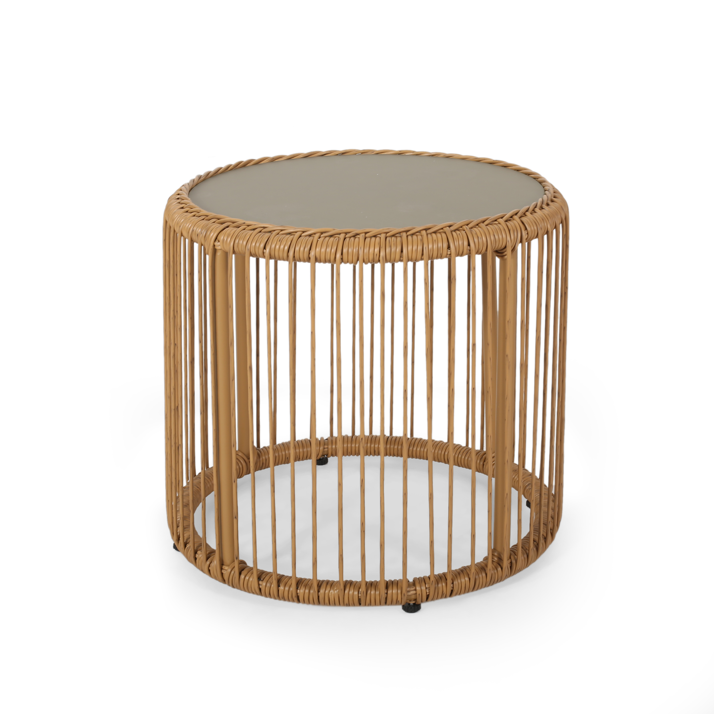 Bunny Outdoor Wicker Side Table with Tempered Glass Top - light brown