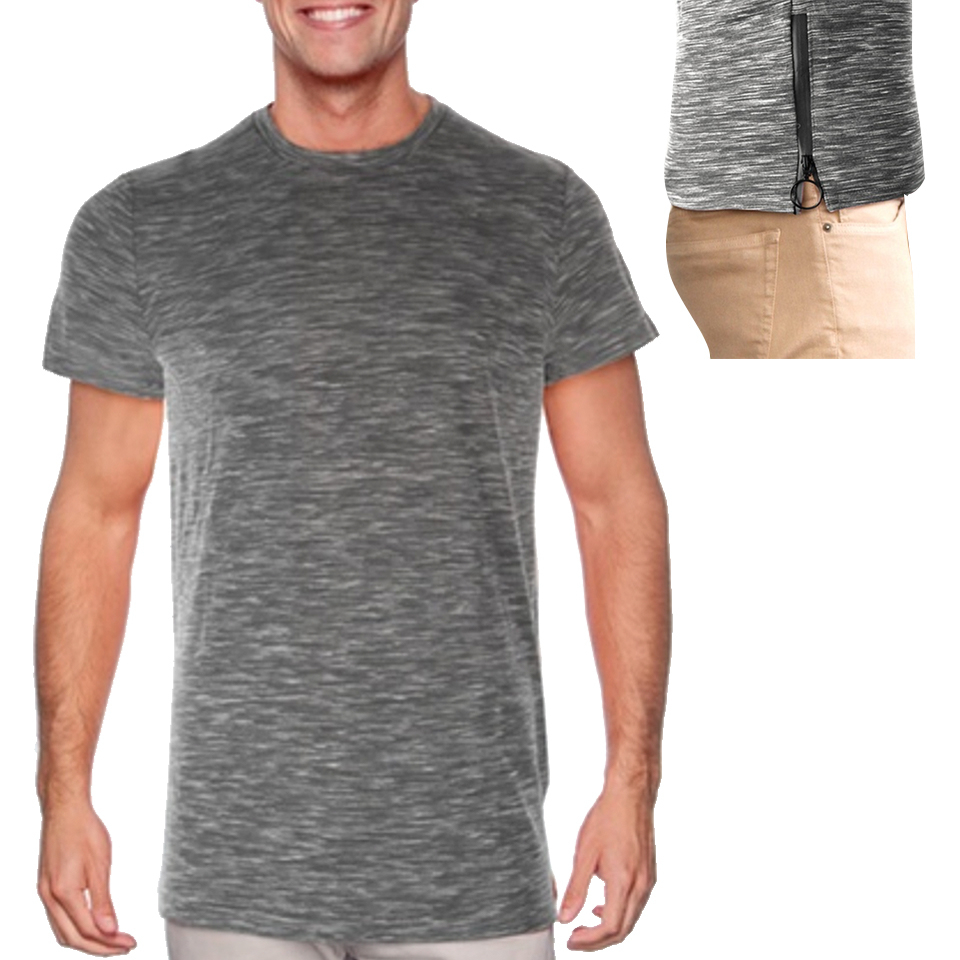 Men's Zippered Marled Crew Neck T-Shirt (S-2X) - Grey, Small