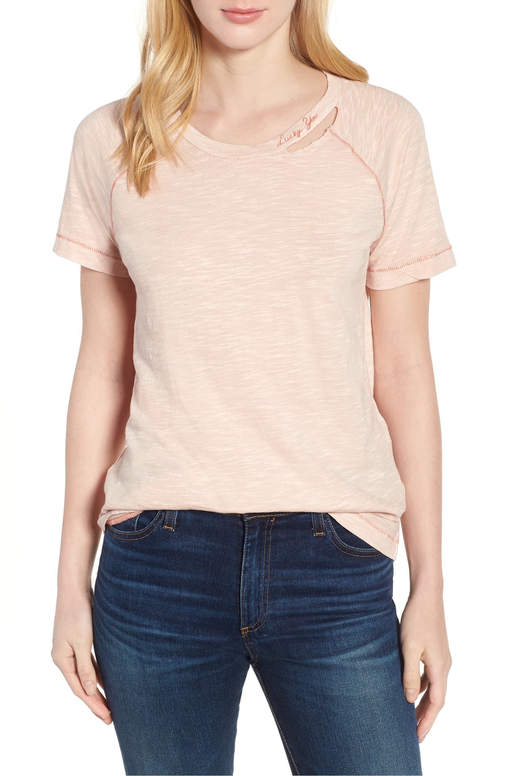 Lucky Brand | Embroidered Lucky You T-Shirt | Peach Whip - S