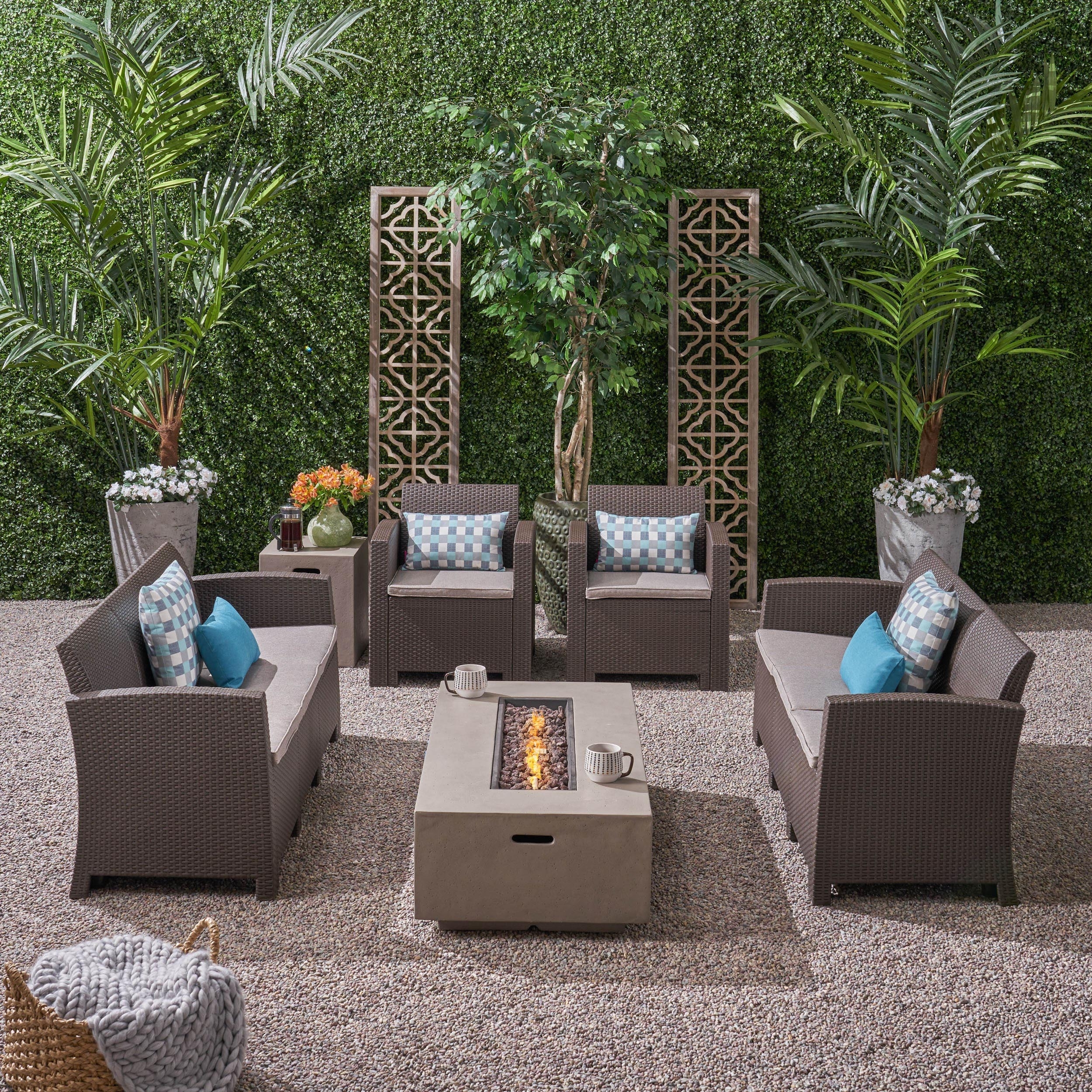 Denise Outdoor Wicker Chat Set with Fire Pit and Tank Holder - brown + mixed beige + light gray