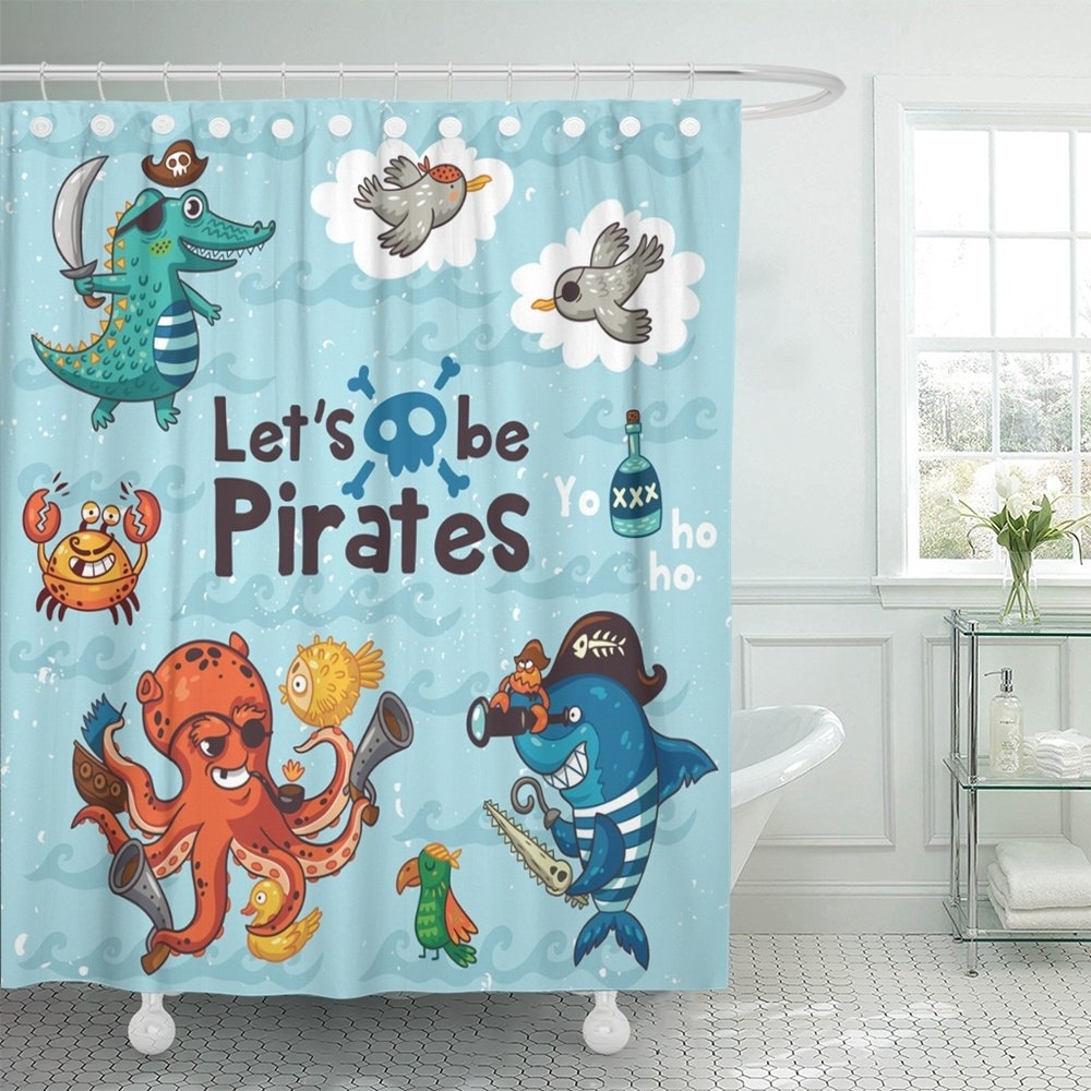 Octopus Pirate Shark Kid Cartoon 71" Fabric Shower Curtain Bathroom Mat 12 Hooks 