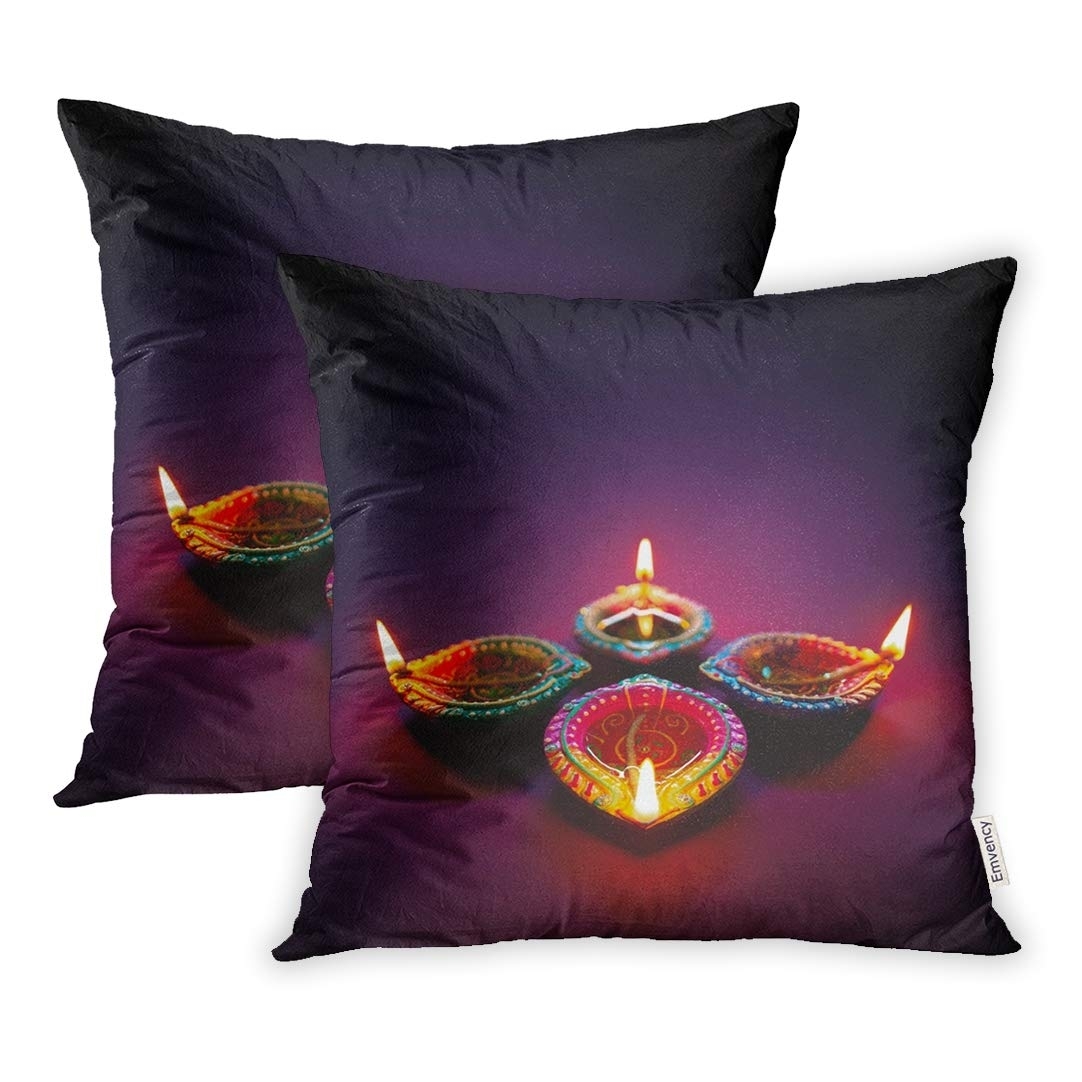 Red Deepavali Colorful Clay Diya Lamps Lit During Celebration Purple Festival Pillowcase Cushion Cases 16x16 inch Set of 2