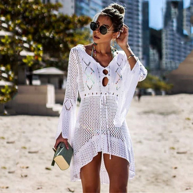 Hollow knit dress trumpet sleeve beach blouse holiday bikini coverups - white, one size
