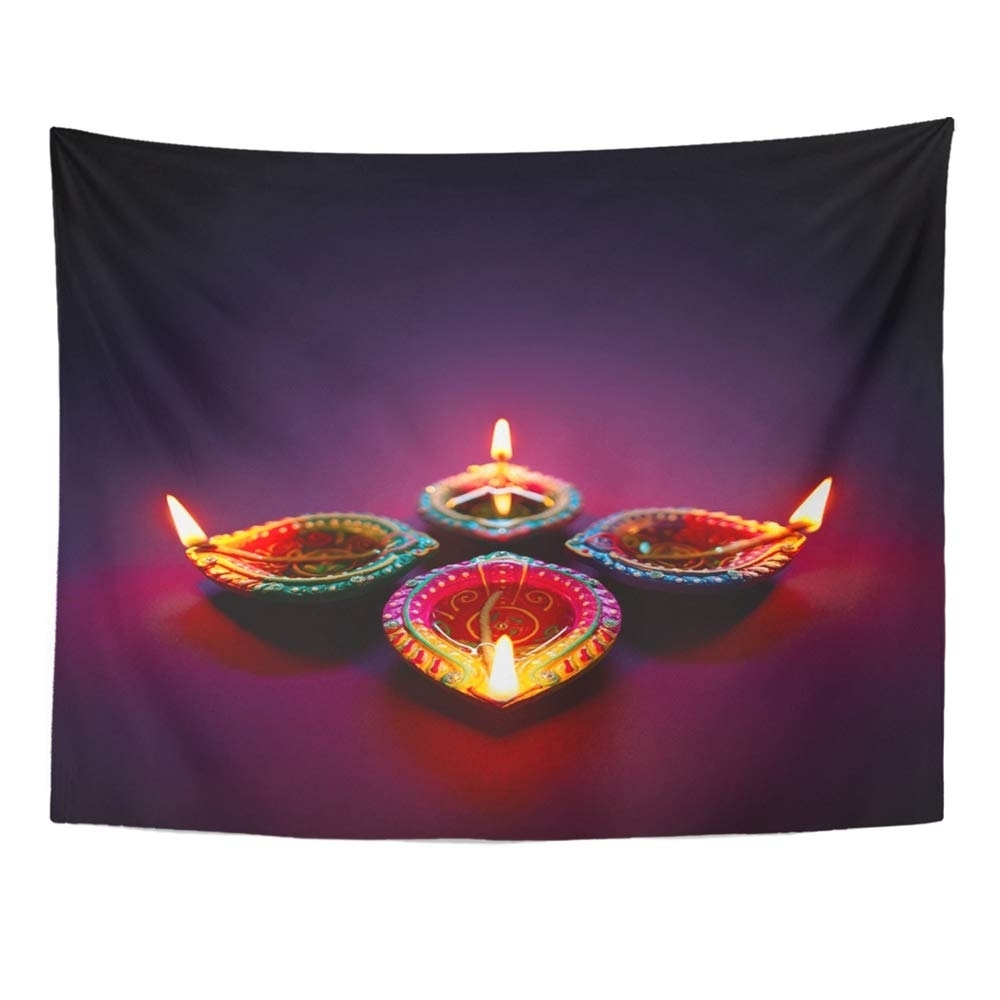 Red Deepavali Colorful Clay Diya Lamps Lit During Celebration Purple Festival Wall Art Hanging Tapestry 60x80 inch