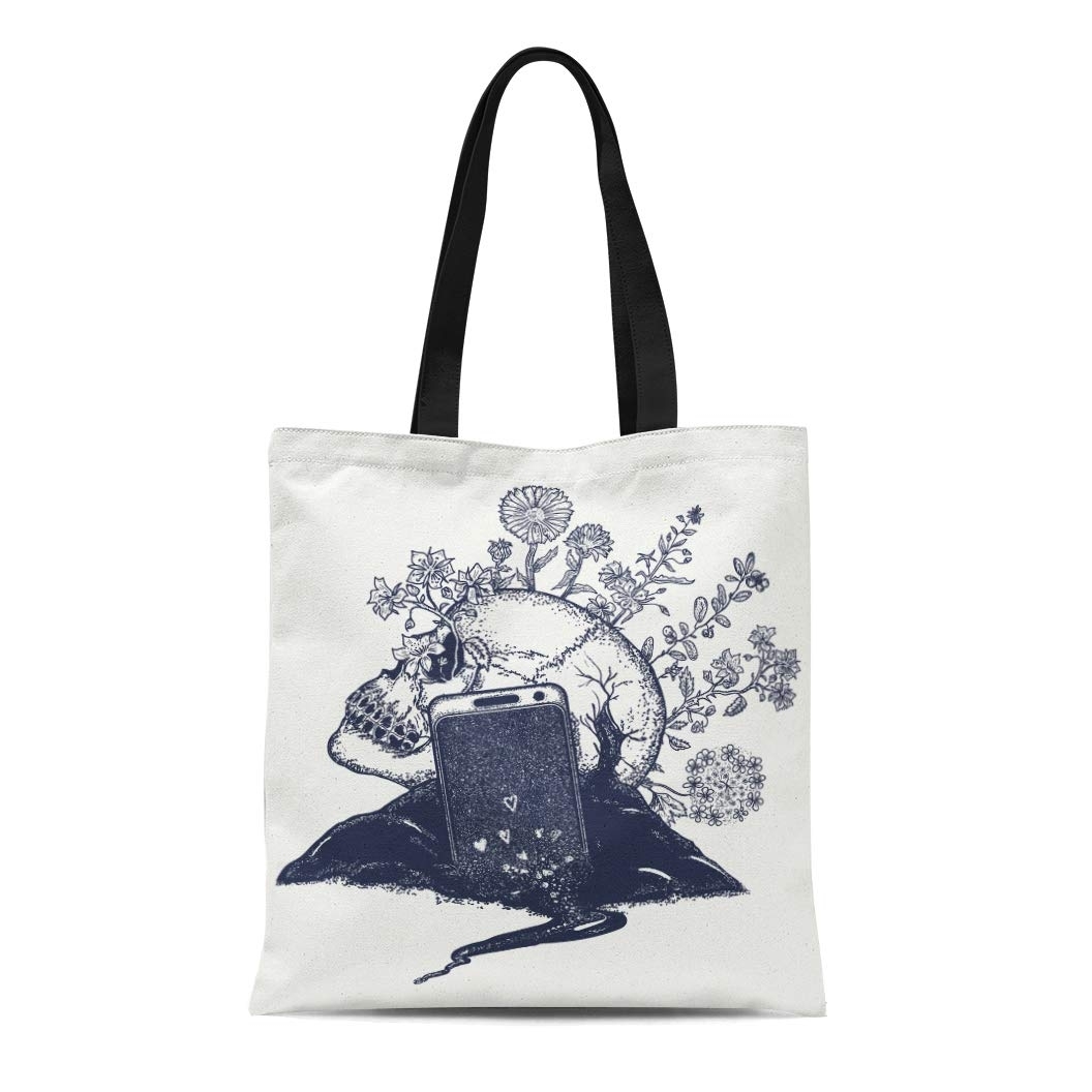 Canvas Tote Bag Skull Mobile Phone Tattoo Social Networks Life Death Durable Reusable Shopping Shoulder Grocery Bag