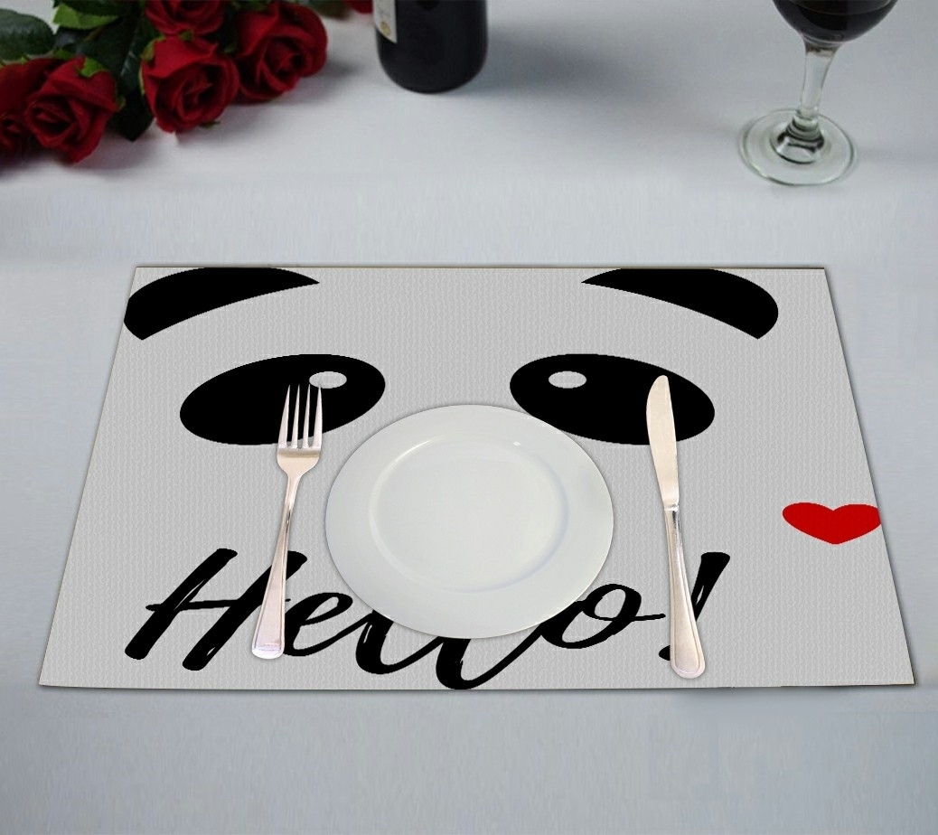 Panda Animal Hello Icon Smiling Bear White Table Placemat Food Mat 12x18 Inch,Pack of 2 Pieces.