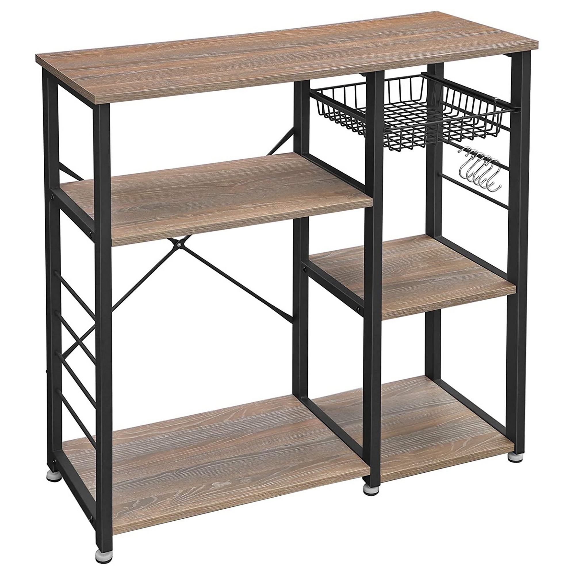 Saltoro Sherpi Wooden Bakers Rack with 4 Shelves and Wire Basket, Brown and Black