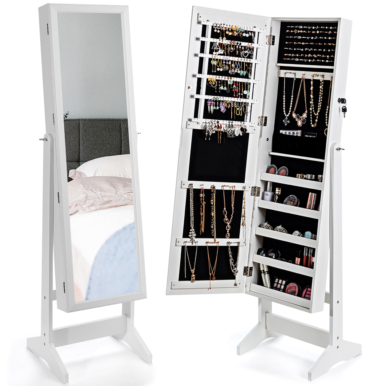 COSTWAY JEWELRY CABINET Stand Mirror Armoire Lockable Organizer Large ...