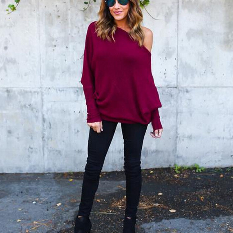 Drop Shoulder Waffle Sweater - wine red, xl