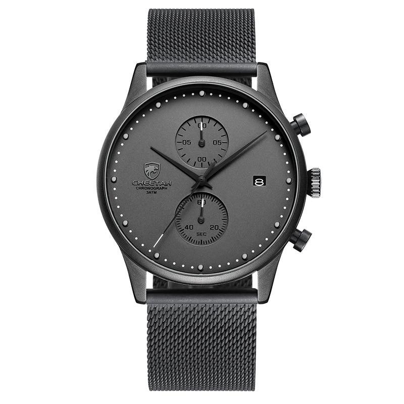 Men Chronograph Quartz Stainless Steel Waterproof Sports Clock Business Watch - Black Grey
