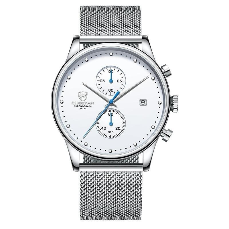 Men Chronograph Quartz Stainless Steel Waterproof Sports Clock Business Watch - Silver White