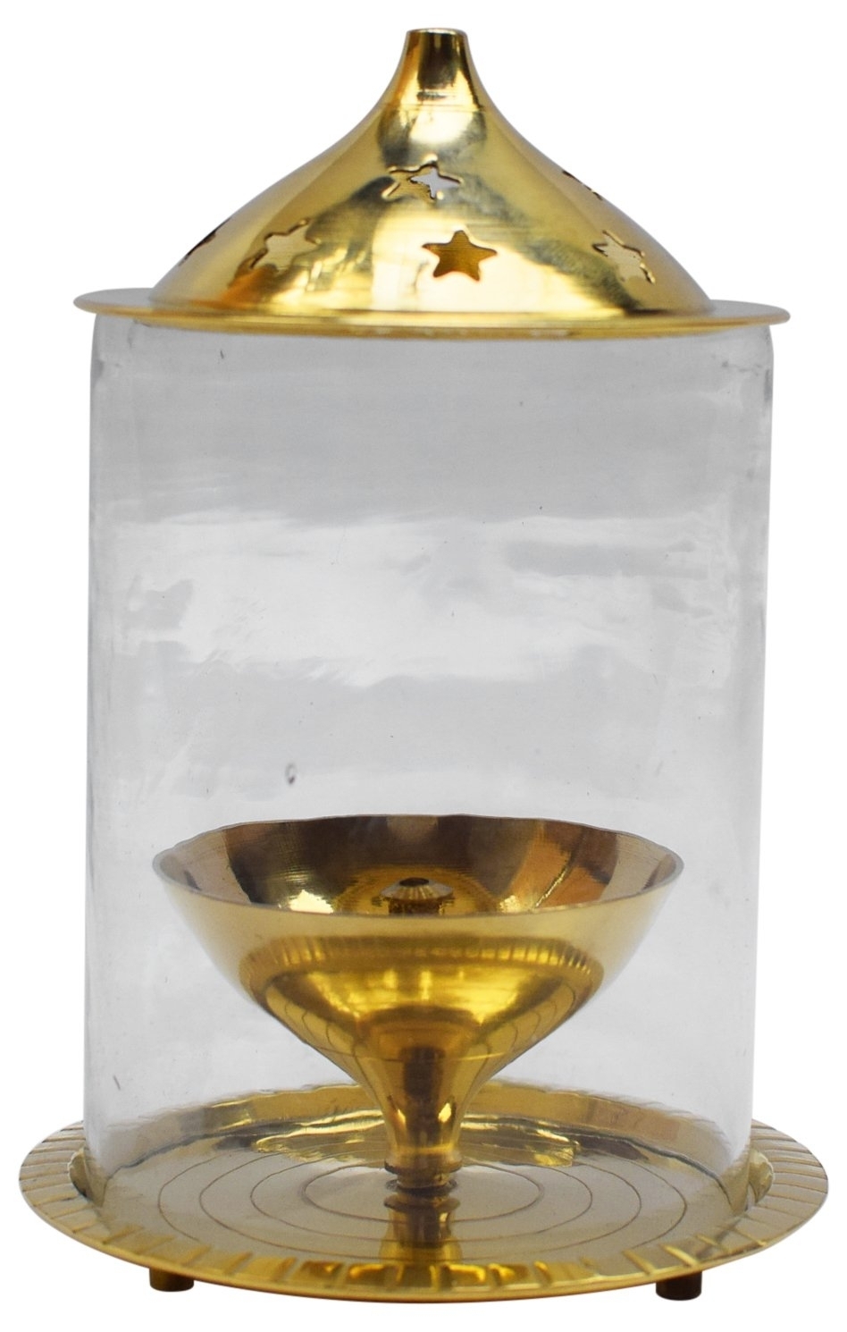 OM SHRI OM Pure Brass Indian Oil Lamp Akhand Diya Glass Stand Deep Diwali - Medium