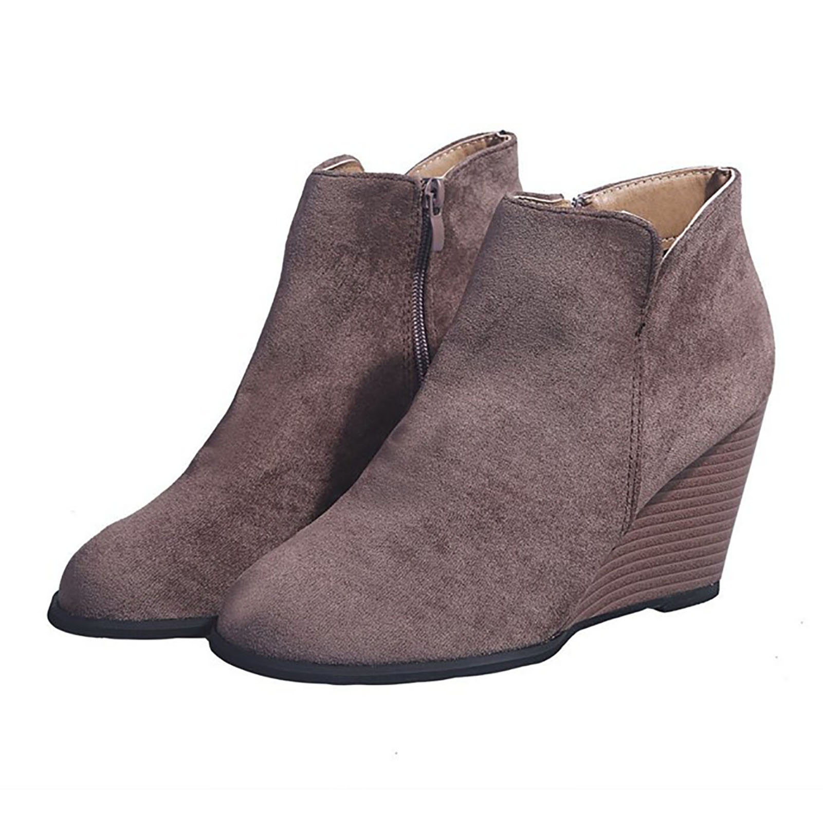 Women Autumn Winter Warm Closed Toe Side Zipper Wedge Suede Ankle Boots Shoes - coffee, 36