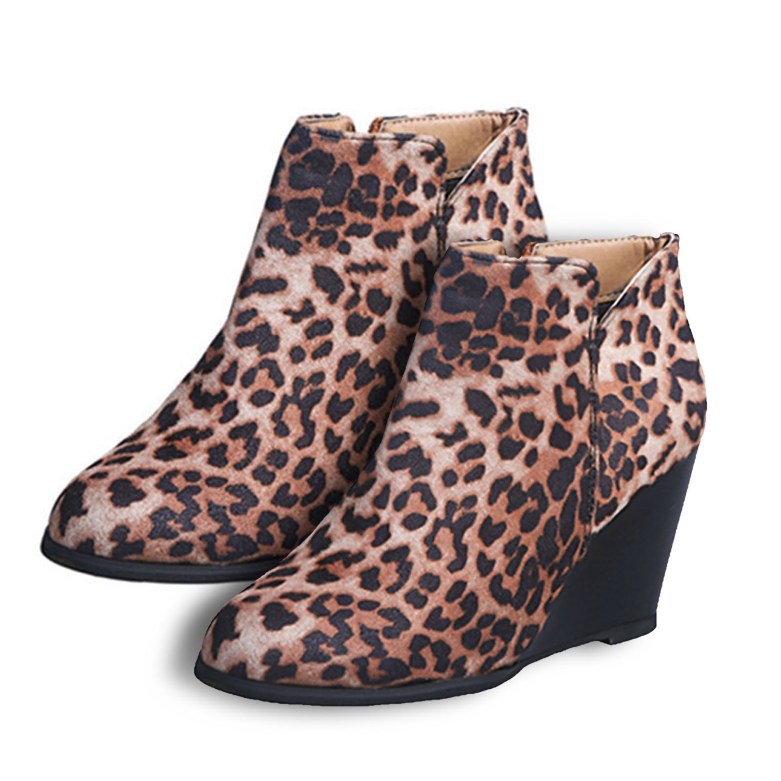 Women Autumn Winter Warm Closed Toe Side Zipper Wedge Suede Ankle Boots Shoes - leopard, 41
