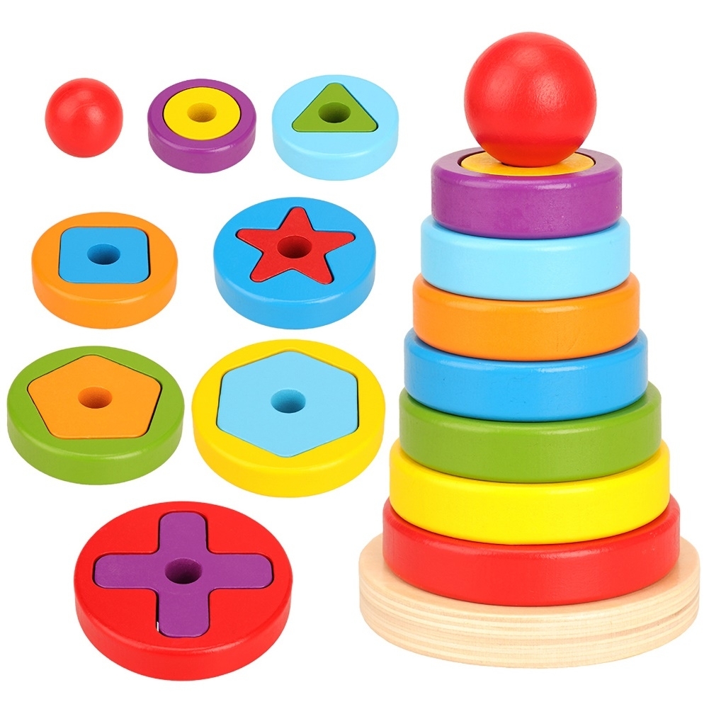 Wooden Rainbow Geometry Building Blocks Nesting Stacking Game Stacker Toys 8C 