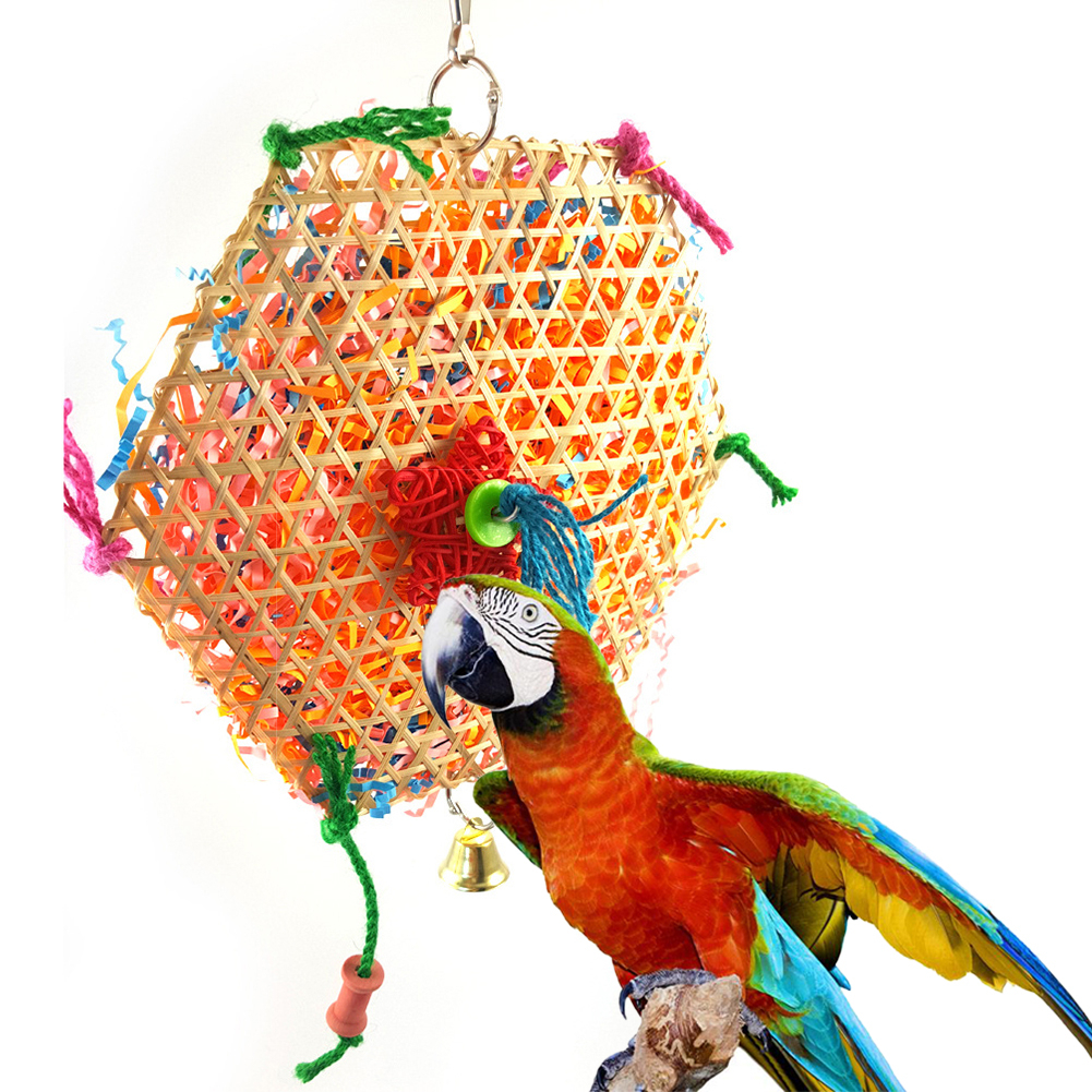 Parrot Bird Bamboo Rattan Play Toy Bell Bite Chewing Strip Colorful Hanging Cage