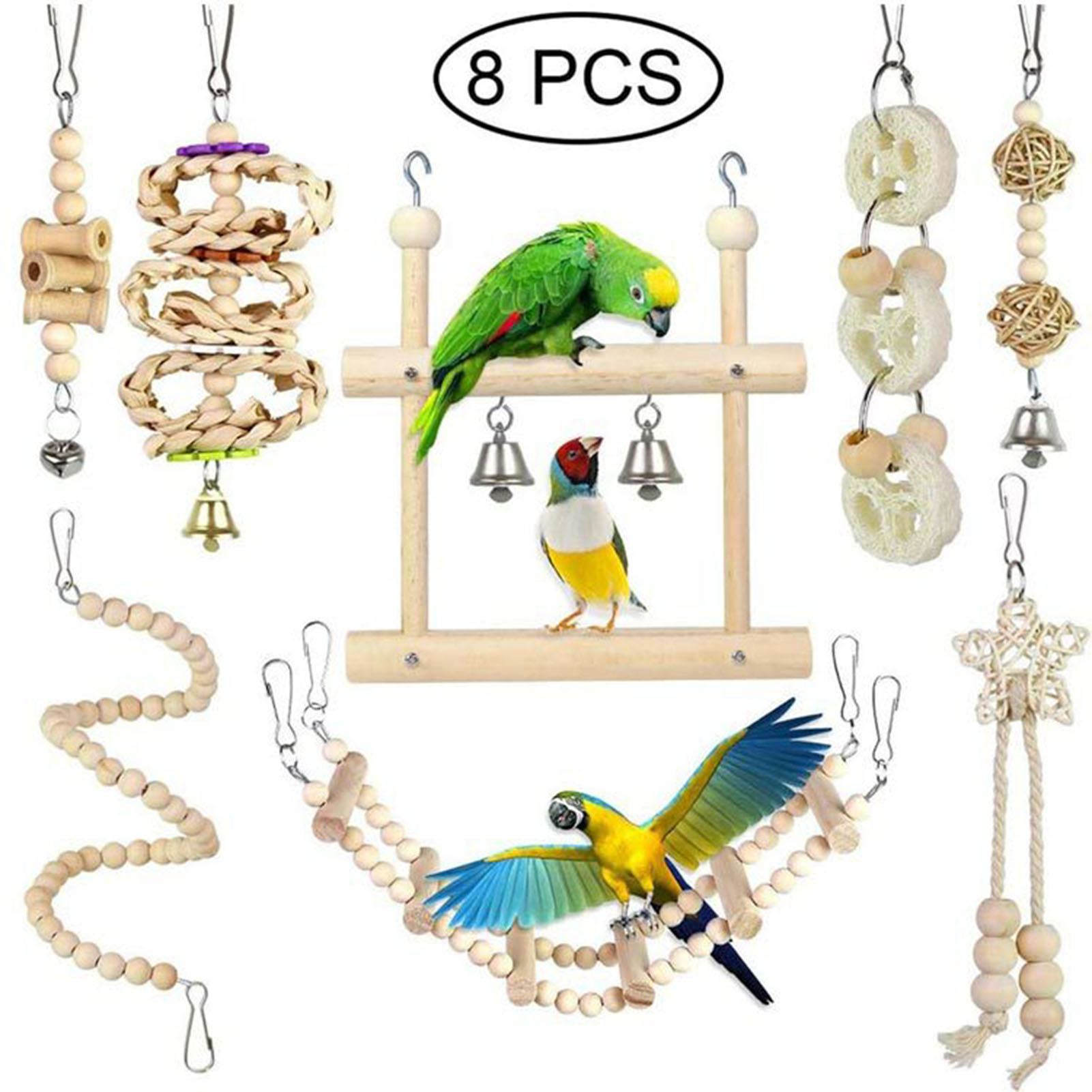 Pet Bird Chew Toy Bell Ball Cages Hanging Parrot Wood Big Toys 