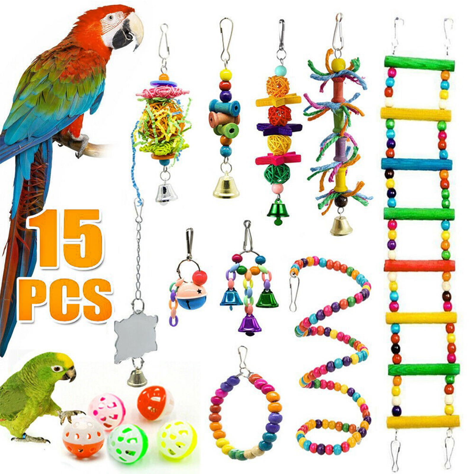 Parrot Chew Bite Bell Mirror Cage Hanging Toy Swing Pet Birds Parakeet PlayToyBS 