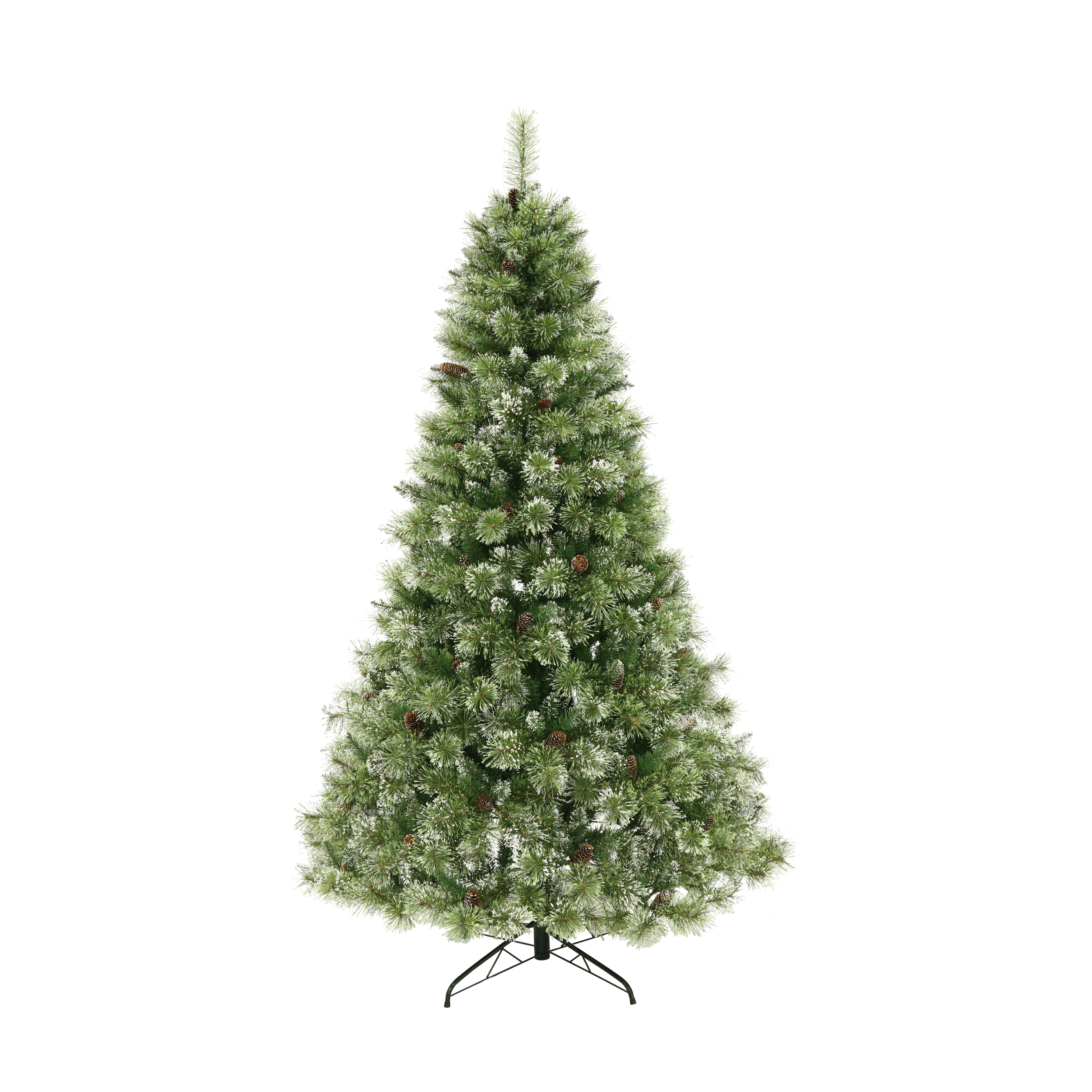 7.5-foot Cashmere Pine and Mixed Needles Pre-Lit LED Hinged Artificial Christmas Tree with Snow and Glitter Branches and Frosted Pinecones - clear led