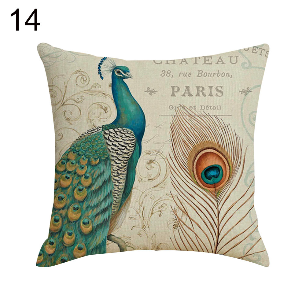 18" Cotton Linen Watercolor Peacock Pillow Case Sofa Cushion Cover Home Decor