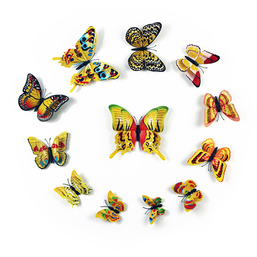 12Pcs 3D Double Layered Butterfly Wall Stickers Home Art Decor Fridge Magnets - yellow