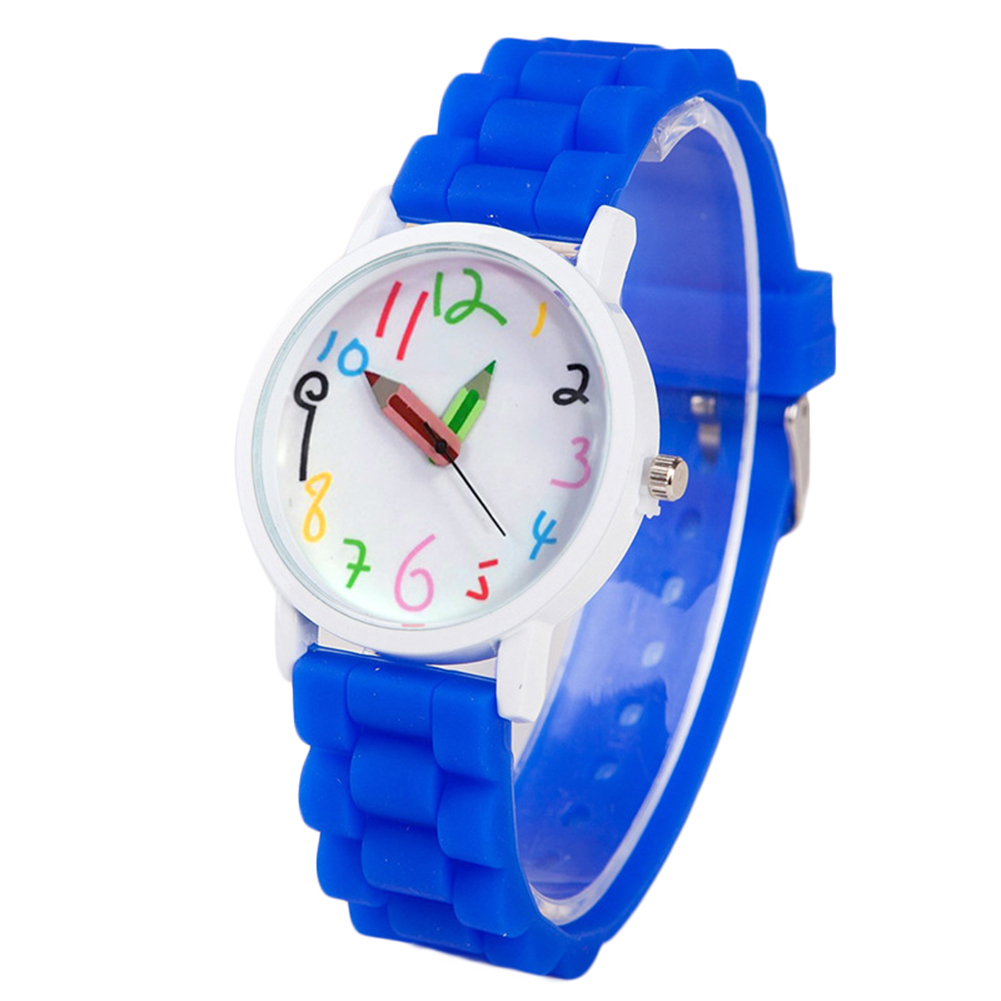 Cartoon Children Kids Round Dial Silicone Strap Analog Quartz Wrist Watch Gift - blue