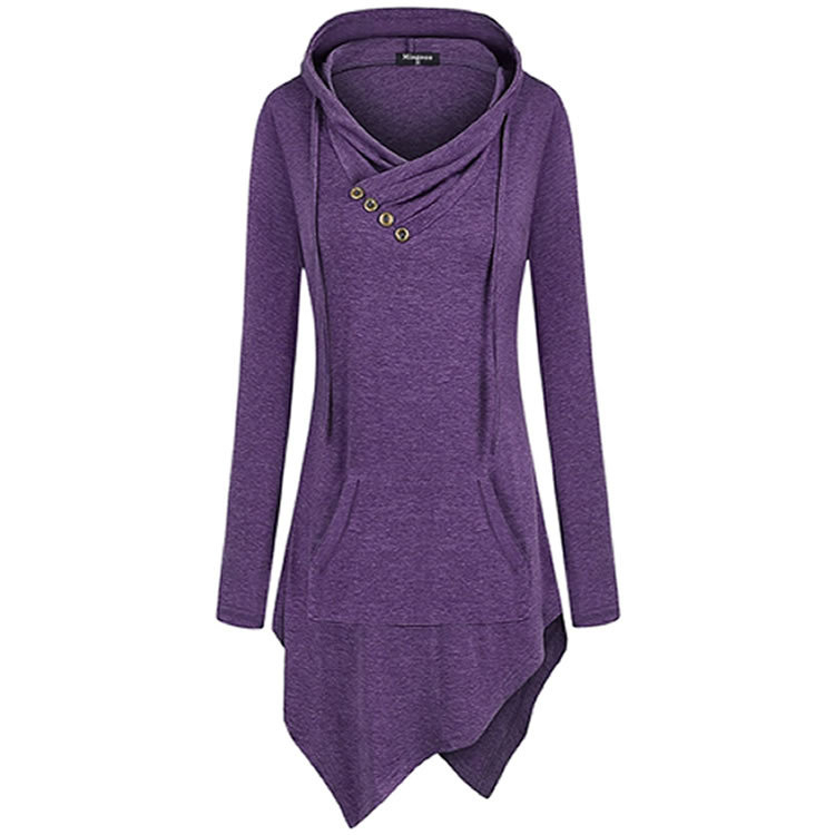 Uneven Hemline Hoody Shirt Pocket Tunic Long Sleeve Casual Tops - purple, xl