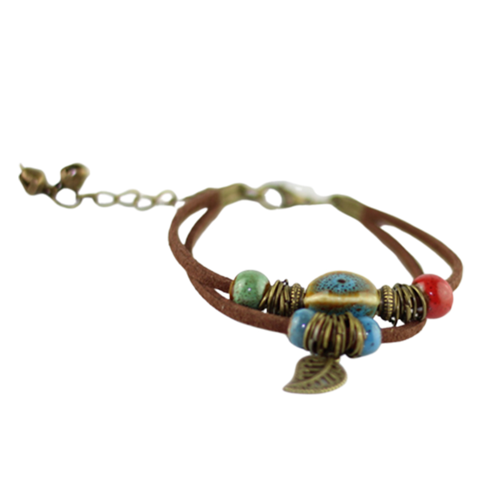 Boho Double Layer Rope Leather Leaf Ceramics Beads Bracelet Jewelry Adjustable 
