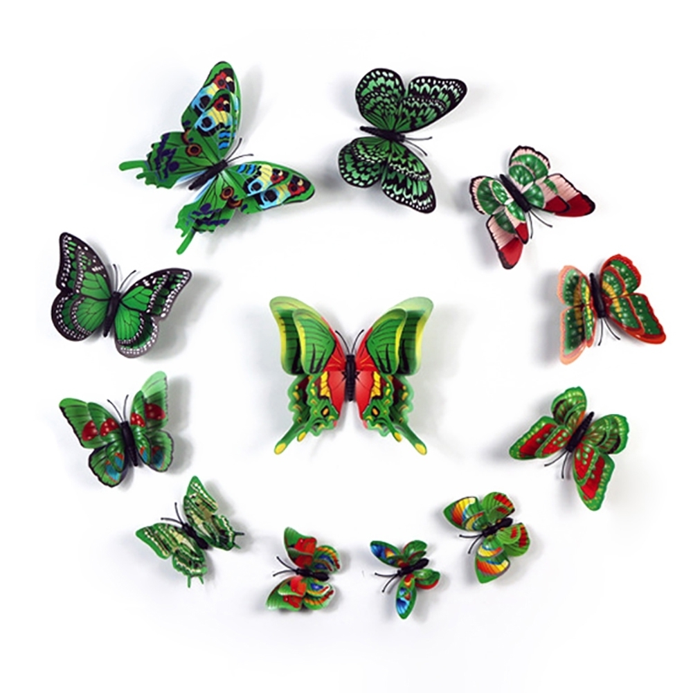12Pcs 3D Double Layered Butterfly Wall Stickers Home Art Decor Fridge Magnets - green