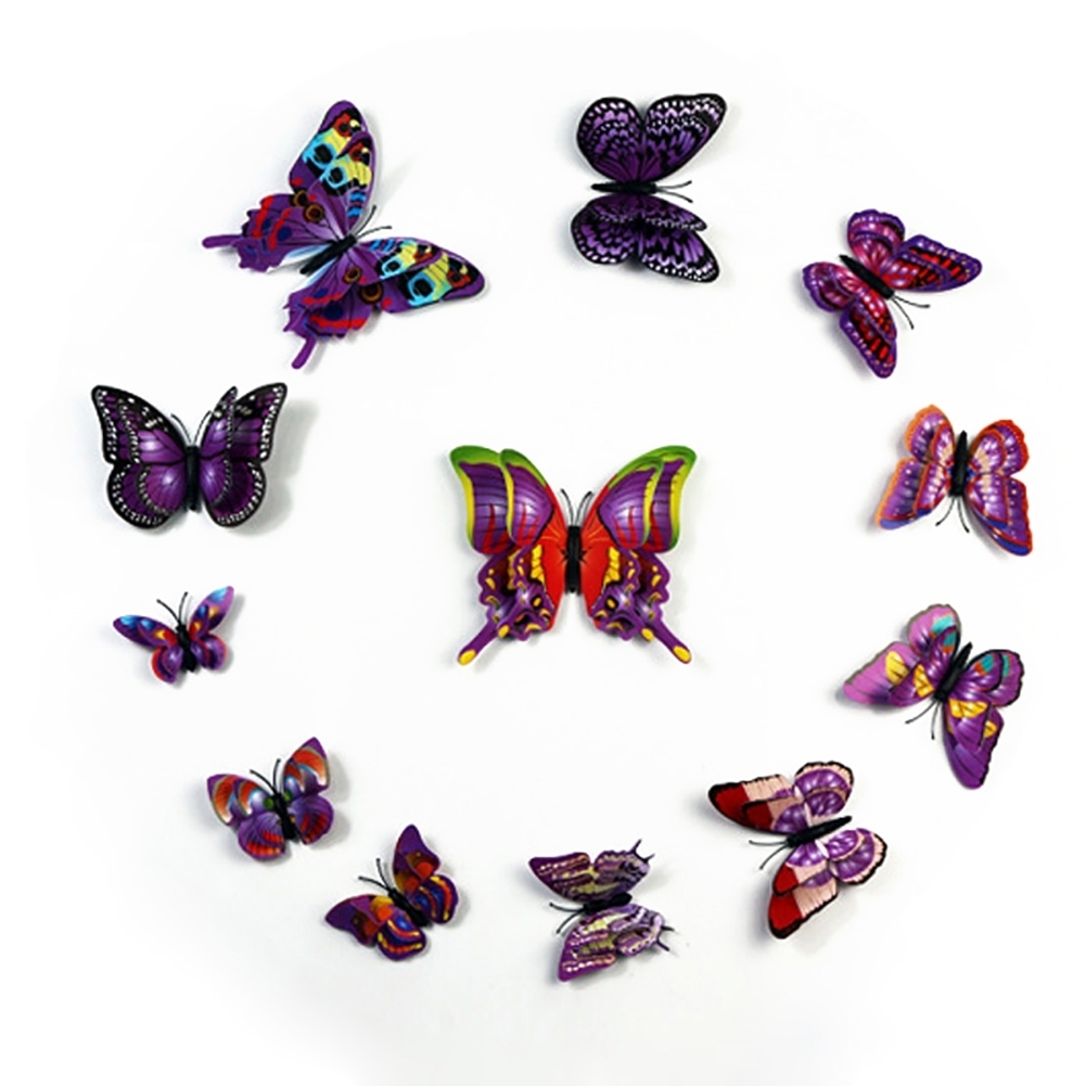 12Pcs 3D Double Layered Butterfly Wall Stickers Home Art Decor Fridge Magnets - purple