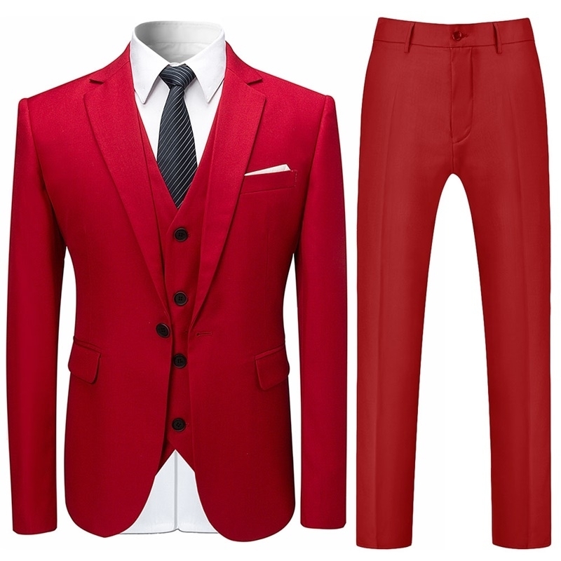 Cloudstyle Mens 3 Piece Linen Suit Set Blazer Jacket Tux Vest Suit Pants Jacket Coat Vest - red, xl